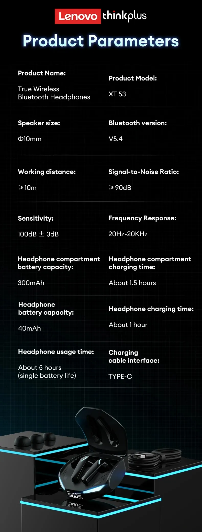Lenovo XT53 Wireless Bluetooth 5.4 Earphones with LED Display, IPX4 Waterproof, Low Latency Gaming Mode, 26H Battery Life, Immersive 3D Stereo Sound for Mobile Gamers & Music Lovers showcase 14