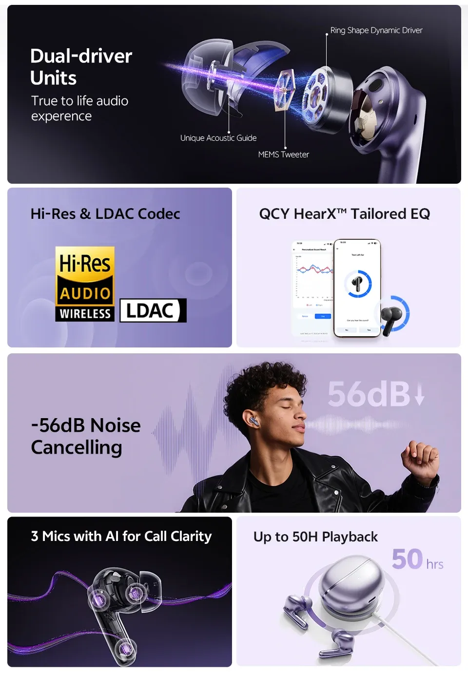 QCY MeloBuds N70 Adaptive ANC Wireless Earbuds, Bluetooth 6.0 LDAC Hi-Res Audio, 6 Mics ENC for Clear Calls, 50-Hour Playtime, Wireless Charging, IPX5 Waterproof, Smart In-Ear Detection showcase 2