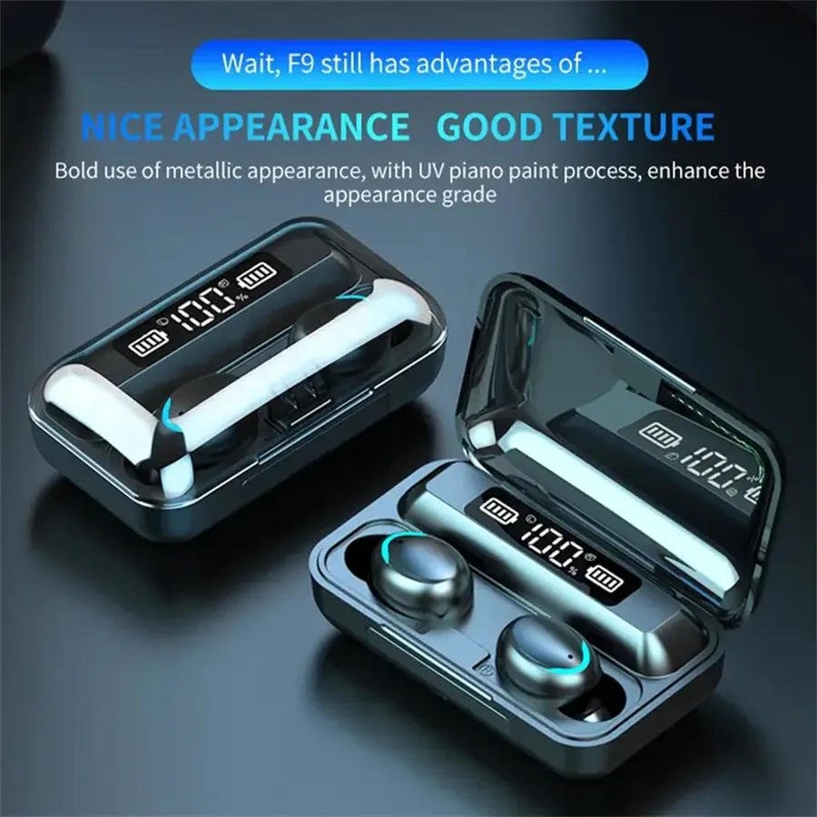 F9 Wireless Bluetooth 5.0 Headphones TWS Earbuds with Digital Display, Large Capacity Charging Case for Gaming & Music showcase 2