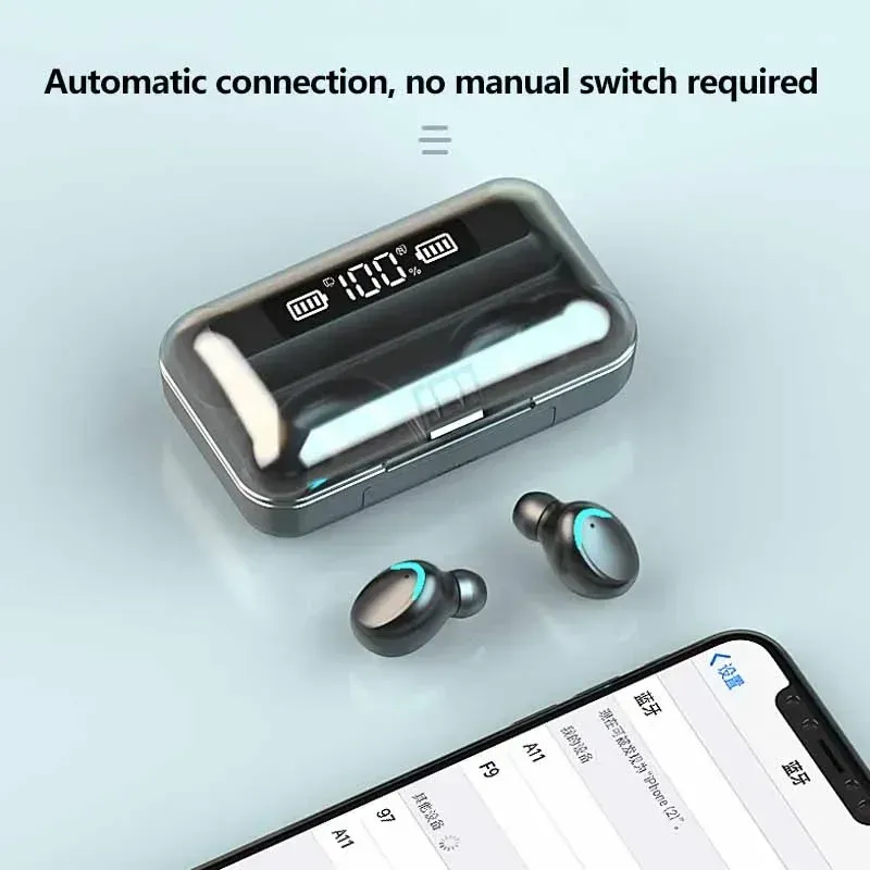 F9 Wireless Bluetooth 5.0 Headphones TWS Earbuds with Digital Display, Large Capacity Charging Case for Gaming & Music thumbnail 6