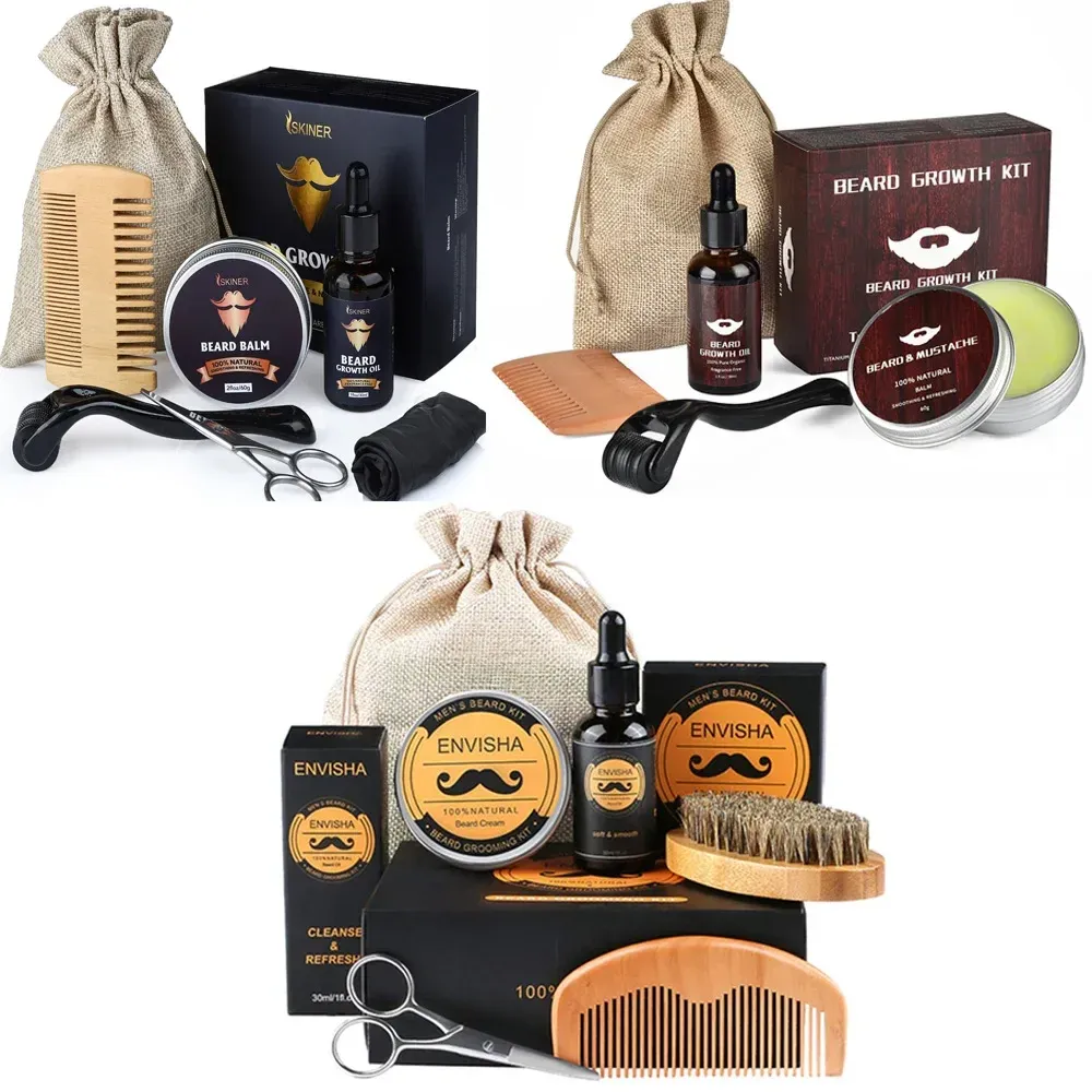 Complete Beard Growth Kit for Men: Natural Essential Oil, Moisturizing Balm, Growth Roller Comb, Styling Scissors, and Boar Bristle Brush for Full Beard Styling and Care thumbnail 1