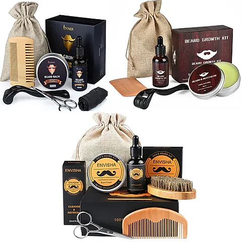 Complete Beard Growth Kit for Men: Natural Essential Oil, Moisturizing Balm, Growth Roller Comb, Styling Scissors, and Boar Bristle Brush for Full Beard Styling and Care