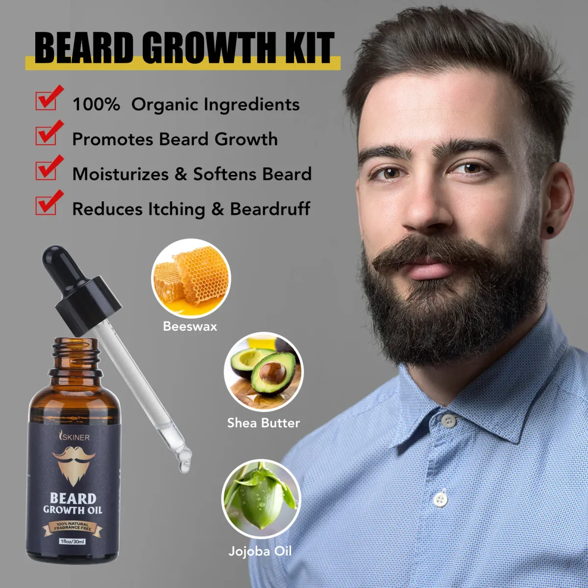 Complete Beard Growth Kit for Men: Natural Essential Oil, Moisturizing Balm, Growth Roller Comb, Styling Scissors, and Boar Bristle Brush for Full Beard Styling and Care showcase 9