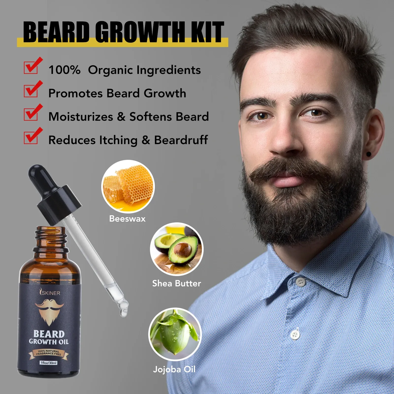 Complete Beard Growth Kit for Men: Natural Essential Oil, Moisturizing Balm, Growth Roller Comb, Styling Scissors, and Boar Bristle Brush for Full Beard Styling and Care thumbnail 4