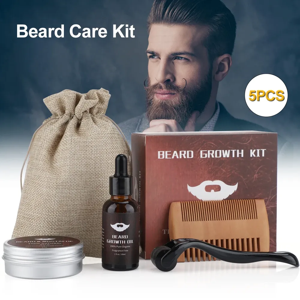 Complete Beard Growth Kit for Men: Natural Essential Oil, Moisturizing Balm, Growth Roller Comb, Styling Scissors, and Boar Bristle Brush for Full Beard Styling and Care showcase 1