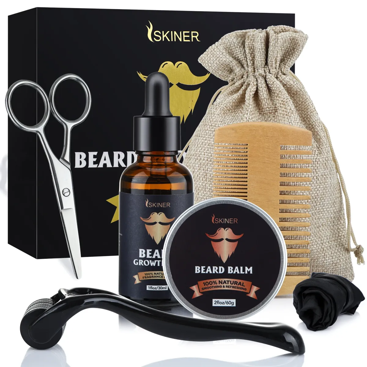Complete Beard Growth Kit for Men: Natural Essential Oil, Moisturizing Balm, Growth Roller Comb, Styling Scissors, and Boar Bristle Brush for Full Beard Styling and Care showcase 7