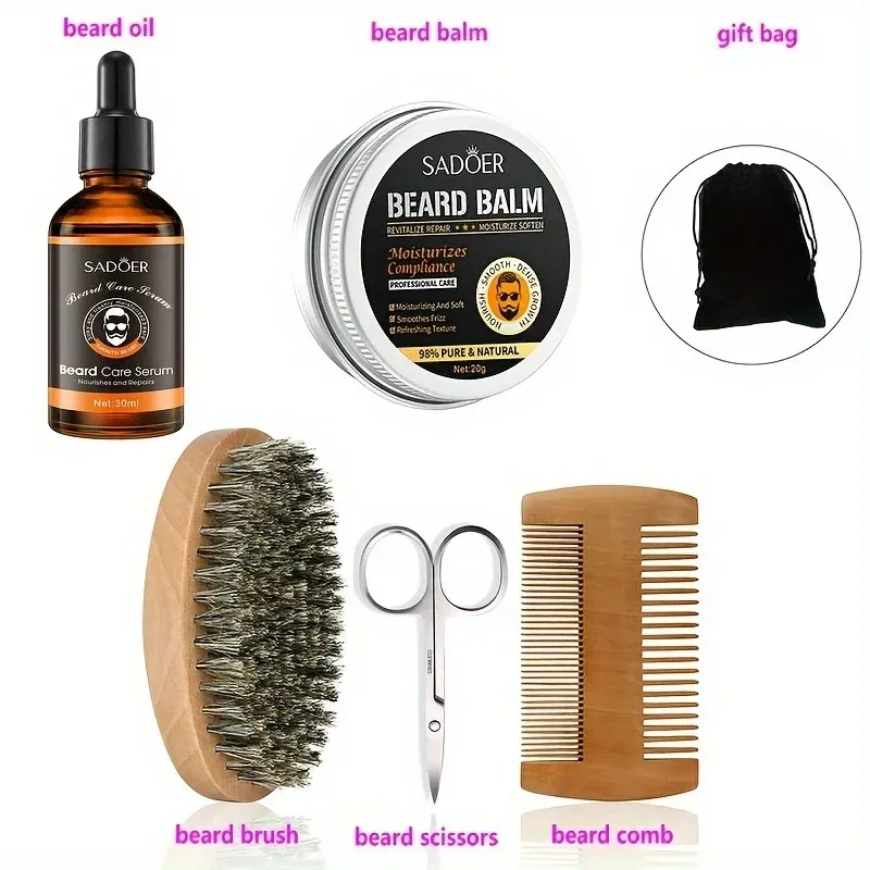 Complete Beard Growth Kit for Men: Natural Enhancer Oil, Moisturizing Balm, Boar Bristle Brush, Styling Comb, and Stainless Steel Scissors for Full Beard Care and Styling thumbnail 6