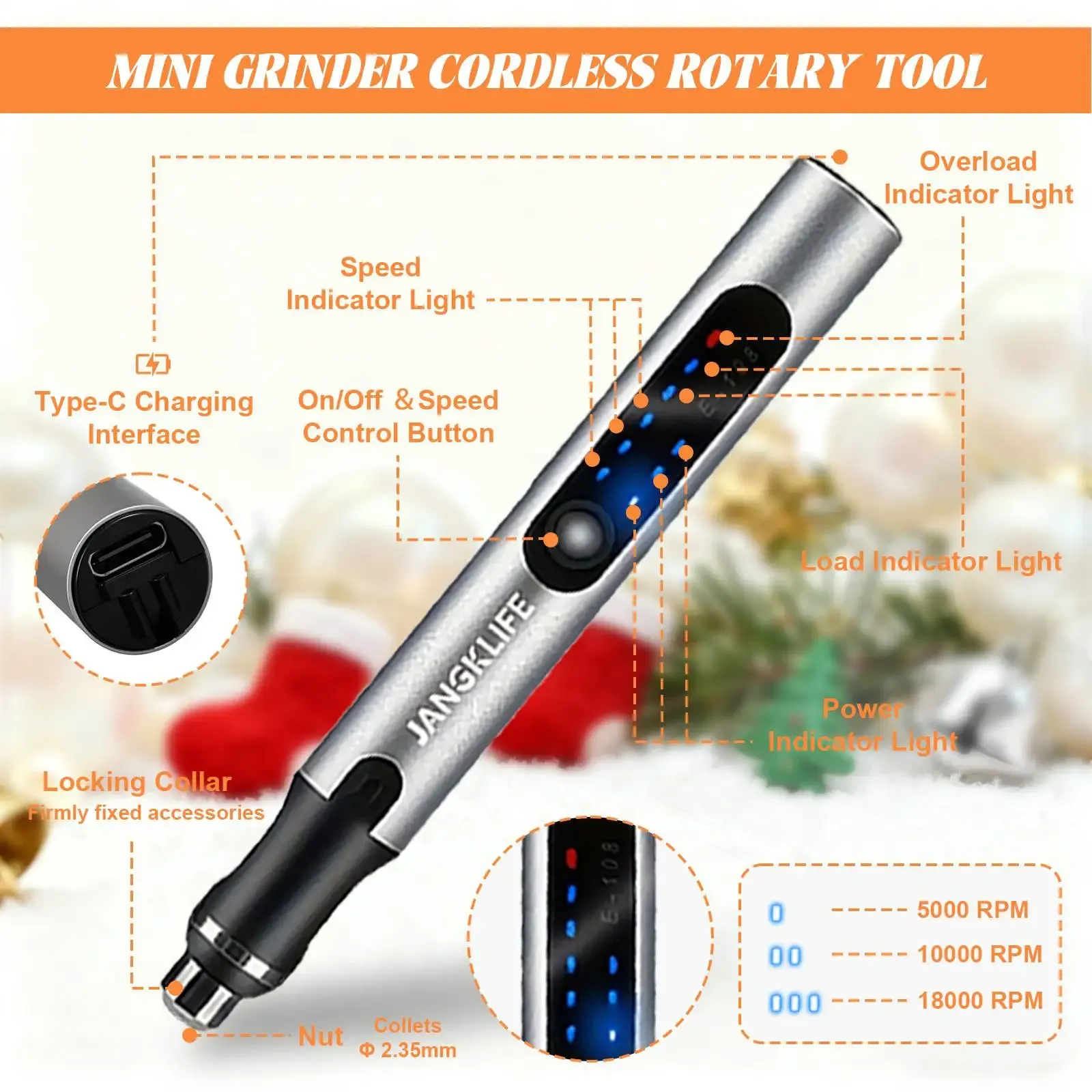 JANGKLIFE Cordless Rotary Tool Kit - Mini Wireless Engraving Pen for DIY Woodworking, Metal, Glass, Jewelry - 3-Speed 15000 RPM USB Rechargeable Drill - Image 3