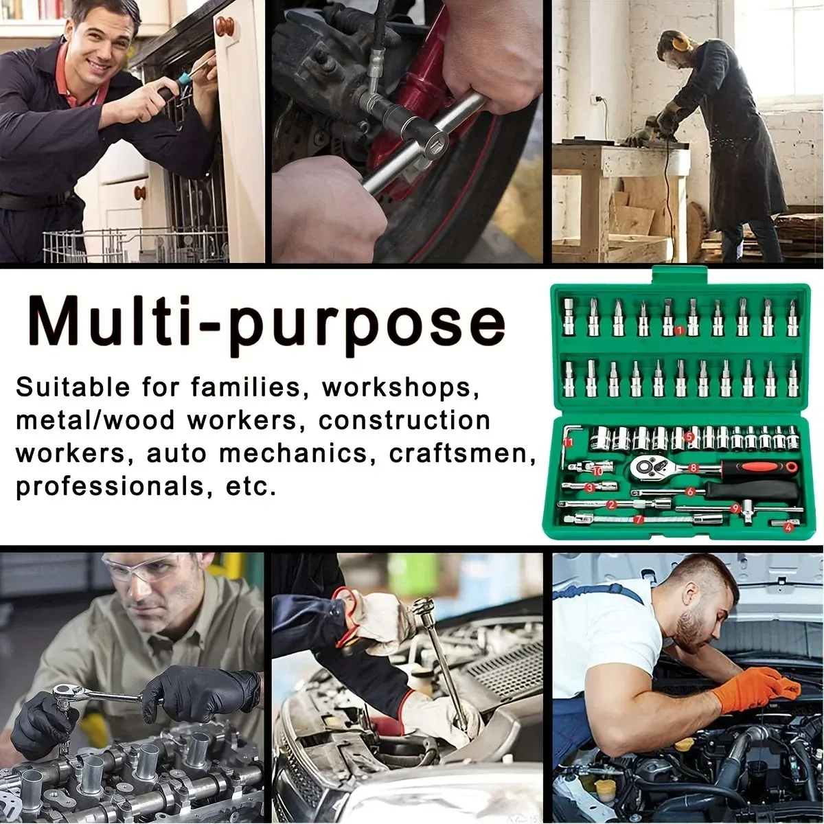 46-Piece Mechanic Tool Kit: 1/4" Socket Set with Ratchet Wrench for Auto Repair & Home Use - Metric & Inch Sizes Included thumbnail 2