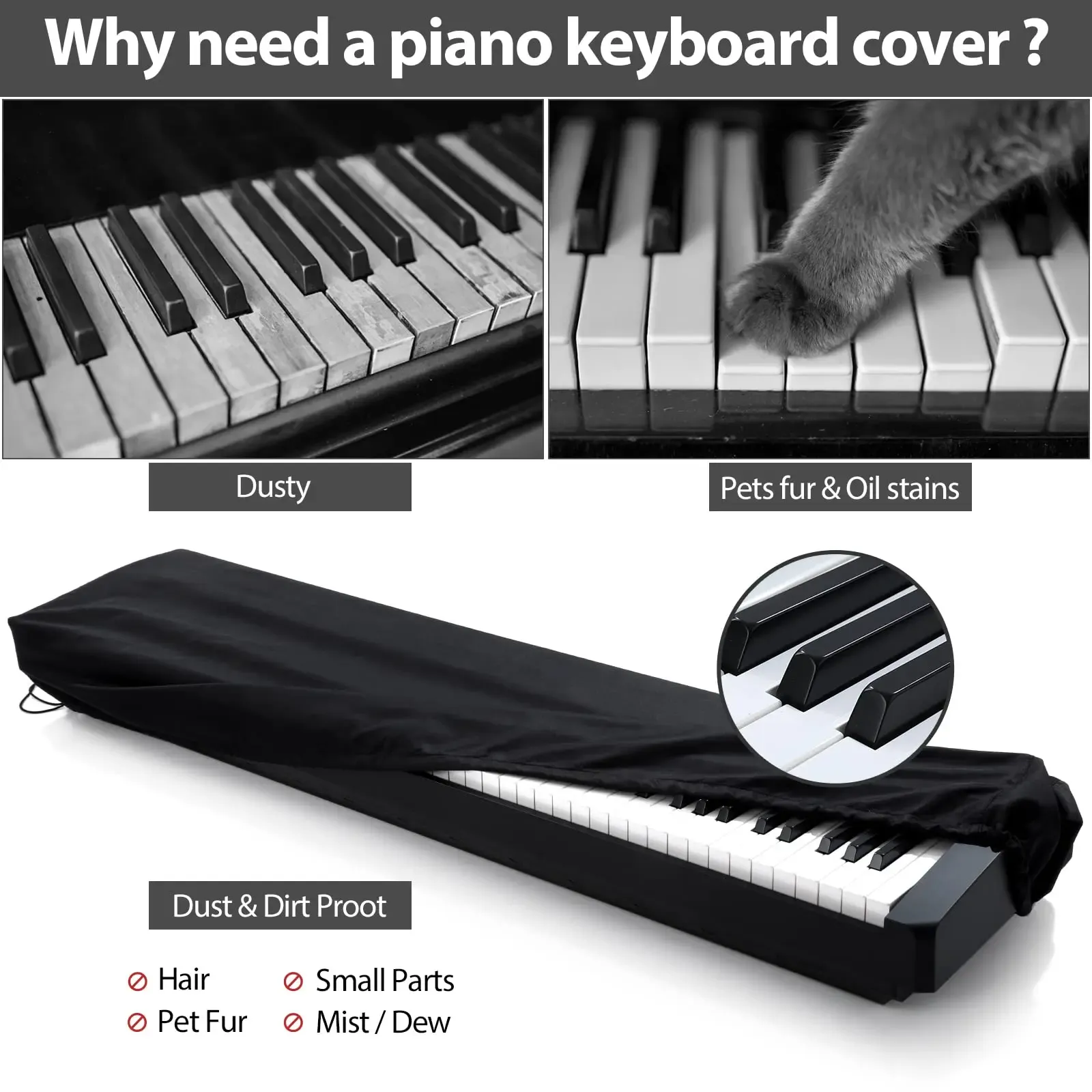 Adjustable Breathable Keyboard Dust Cover for 61/88 Key Digital Pianos - Heat Radiation Protection thumbnail 3