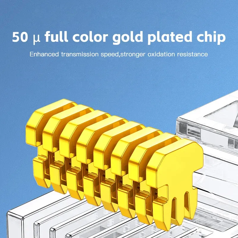 50pcs Gold Plated RJ45 Cat6 Connectors, Pass Through Ethernet Cable Plugs for Network Wiring, 1000Mbps Data Transfer Speed, Stable Signal Transmission thumbnail 2