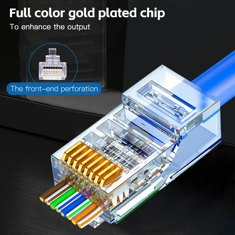 50pcs Gold Plated RJ45 Cat6 Connectors, Pass Through Ethernet Cable Plugs for Network Wiring, 1000Mbps Data Transfer Speed, Stable Signal Transmission thumbnail 1