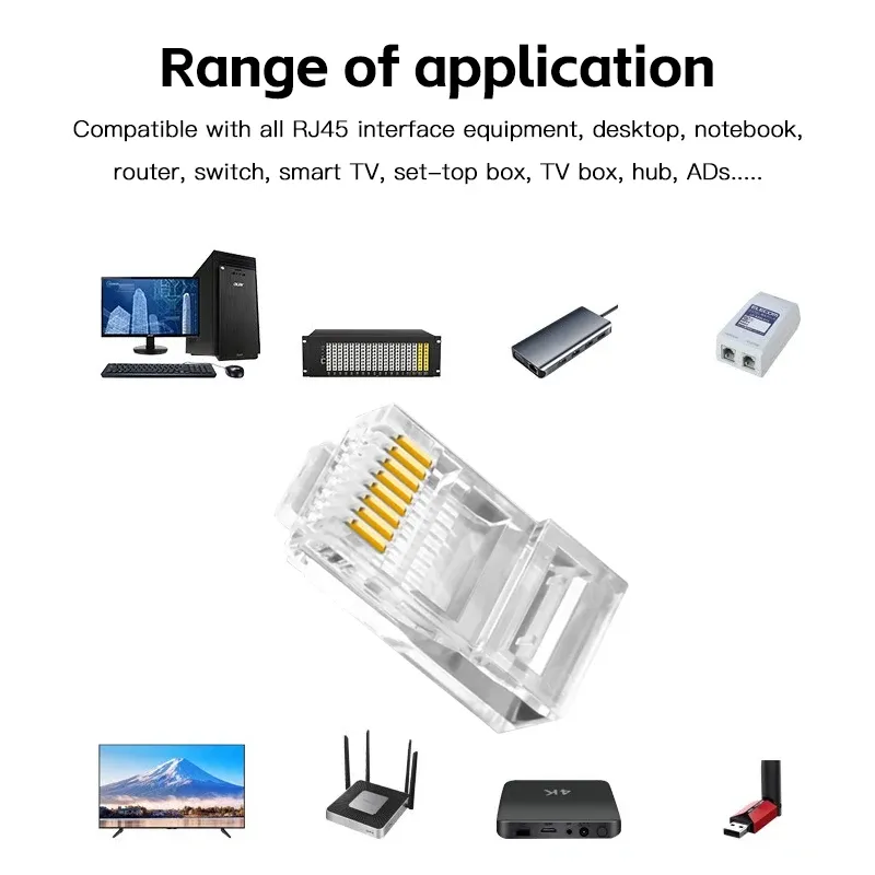 50pcs Gold Plated RJ45 Cat6 Connectors, Pass Through Ethernet Cable Plugs for Network Wiring, 1000Mbps Data Transfer Speed, Stable Signal Transmission showcase 3