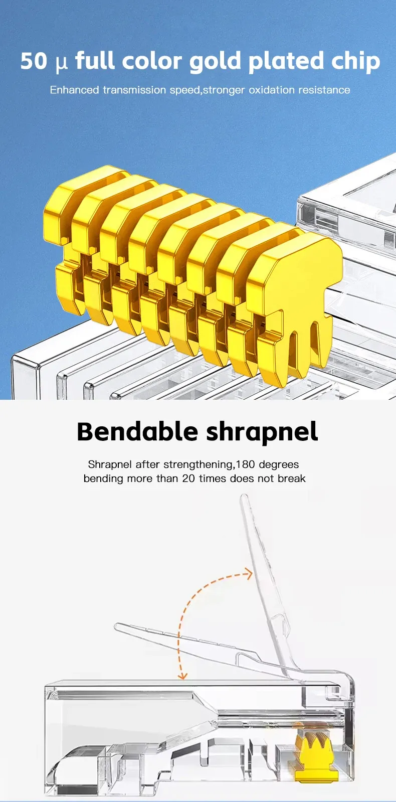 50pcs Gold Plated RJ45 Cat6 Connectors, Pass Through Ethernet Cable Plugs for Network Wiring, 1000Mbps Data Transfer Speed, Stable Signal Transmission showcase 4