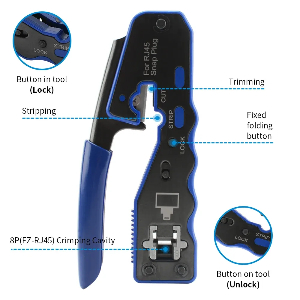 Professional RJ45 Crimp Tool Pass Through Crimper Cutter for Cat6a Cat6 Cat5 Ethernet Modular Connectors - All-in-One Wire Stripper and Crimping Tool for Network Installation showcase 5