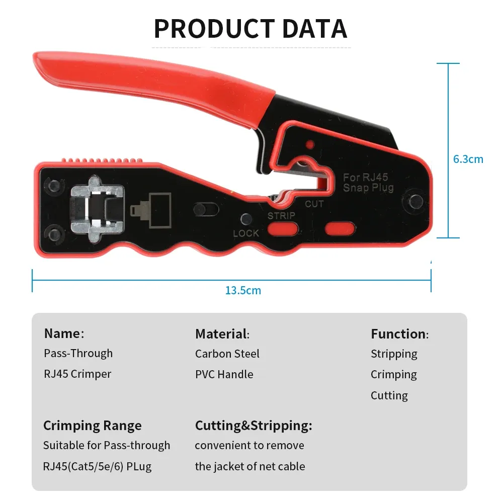 Professional RJ45 Crimp Tool Pass Through Crimper Cutter for Cat6a Cat6 Cat5 Ethernet Modular Connectors - All-in-One Wire Stripper and Crimping Tool for Network Installation showcase 1