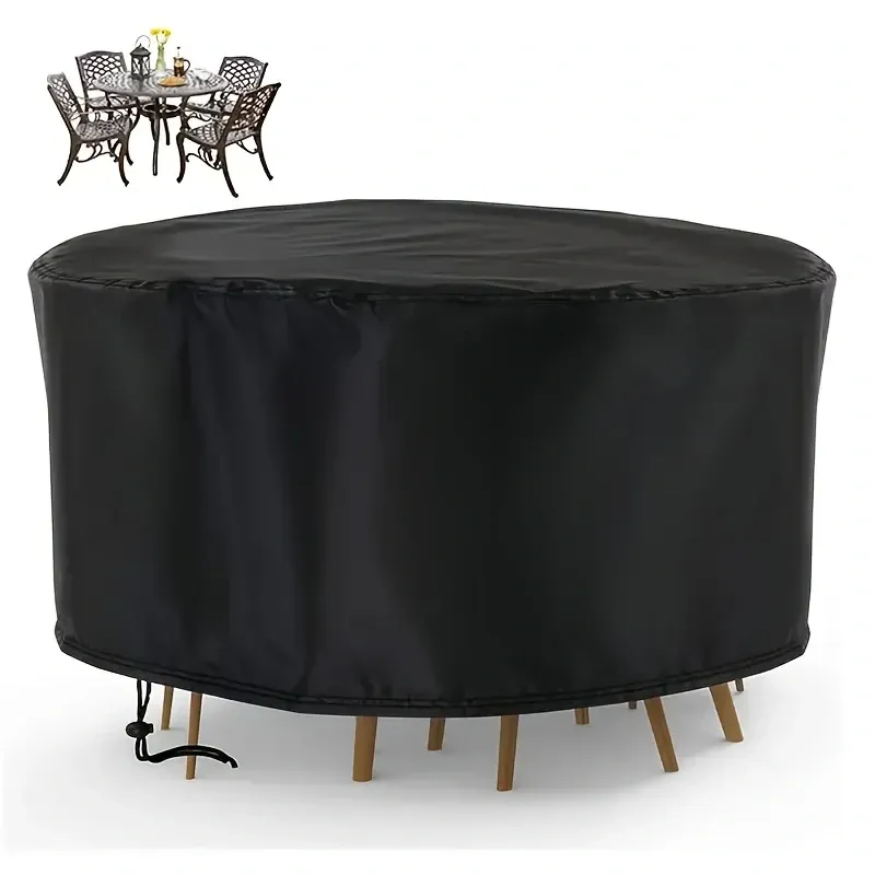 Waterproof Round Patio Furniture Cover - Heavy Duty UV Wind Resistant Dustproof Outdoor Table Chair Set Protector for Garden Lawn, Black, All Weather Rain Snow Protection showcase 1