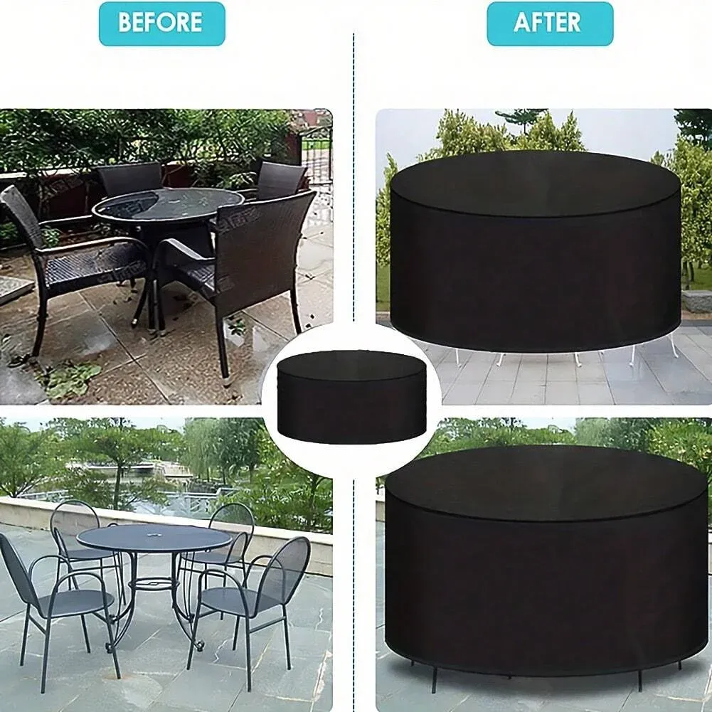 Waterproof Round Patio Furniture Cover - Heavy Duty UV Wind Resistant Dustproof Outdoor Table Chair Set Protector for Garden Lawn, Black, All Weather Rain Snow Protection thumbnail 3