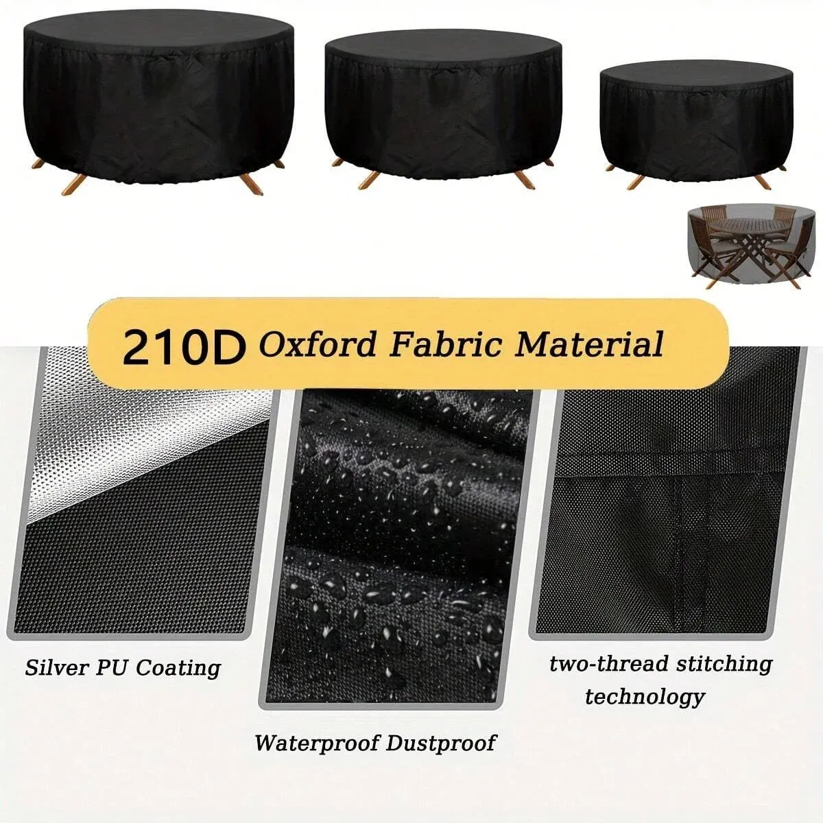 Waterproof Round Patio Furniture Cover - Heavy Duty UV Wind Resistant Dustproof Outdoor Table Chair Set Protector for Garden Lawn, Black, All Weather Rain Snow Protection thumbnail 4