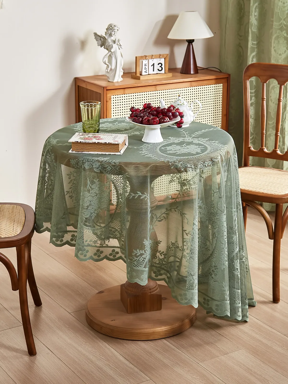Elegant Green Round Lace Tablecloth with Floral Mirror Design - Decorative Table Cover for Living Room & Dining Room showcase 4