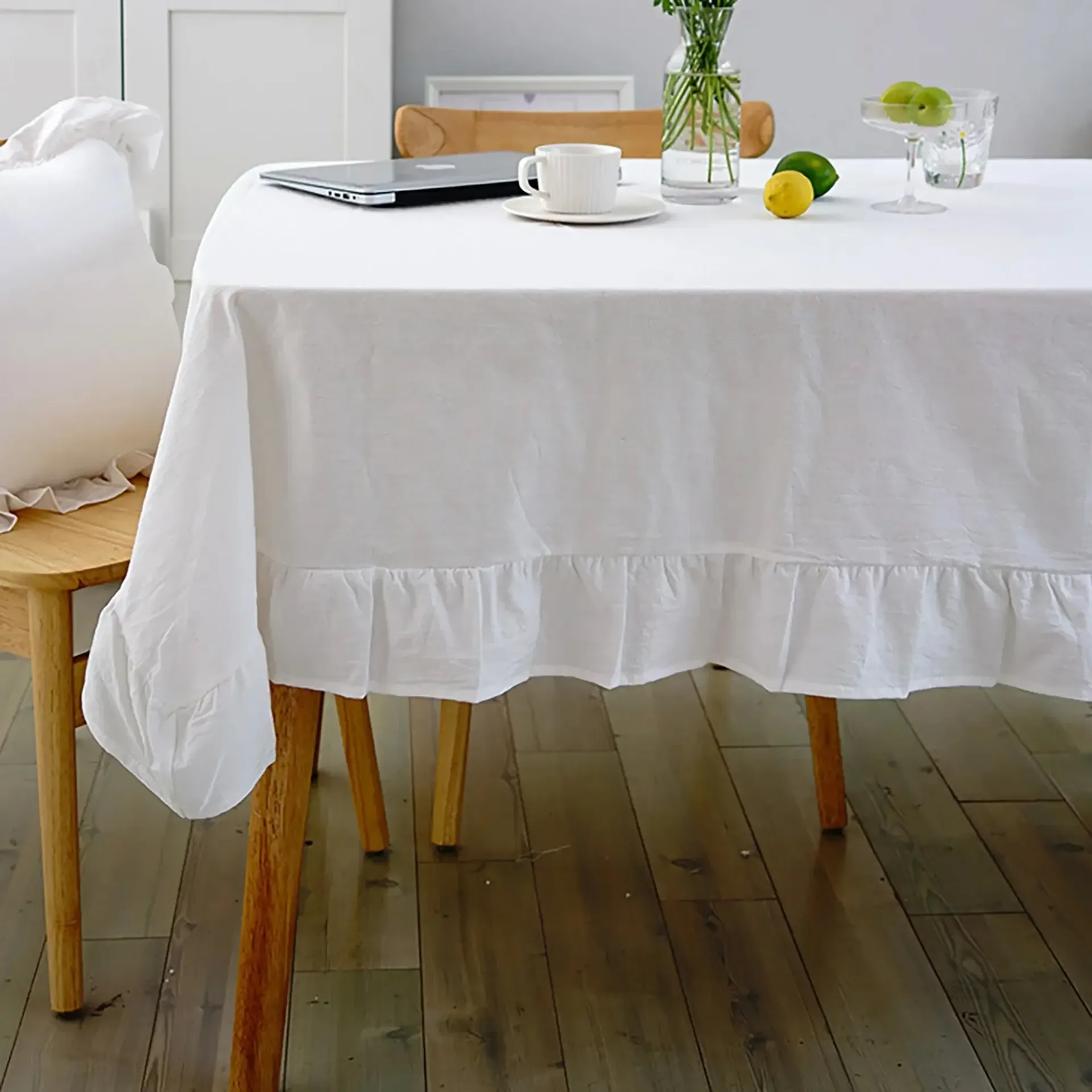 100% Cotton Flounce Stitching Tablecloth - Washable Luxury Table Cover for Weddings, Parties, Dining, Banquets - Easy Care Elegant Home Decor thumbnail 1