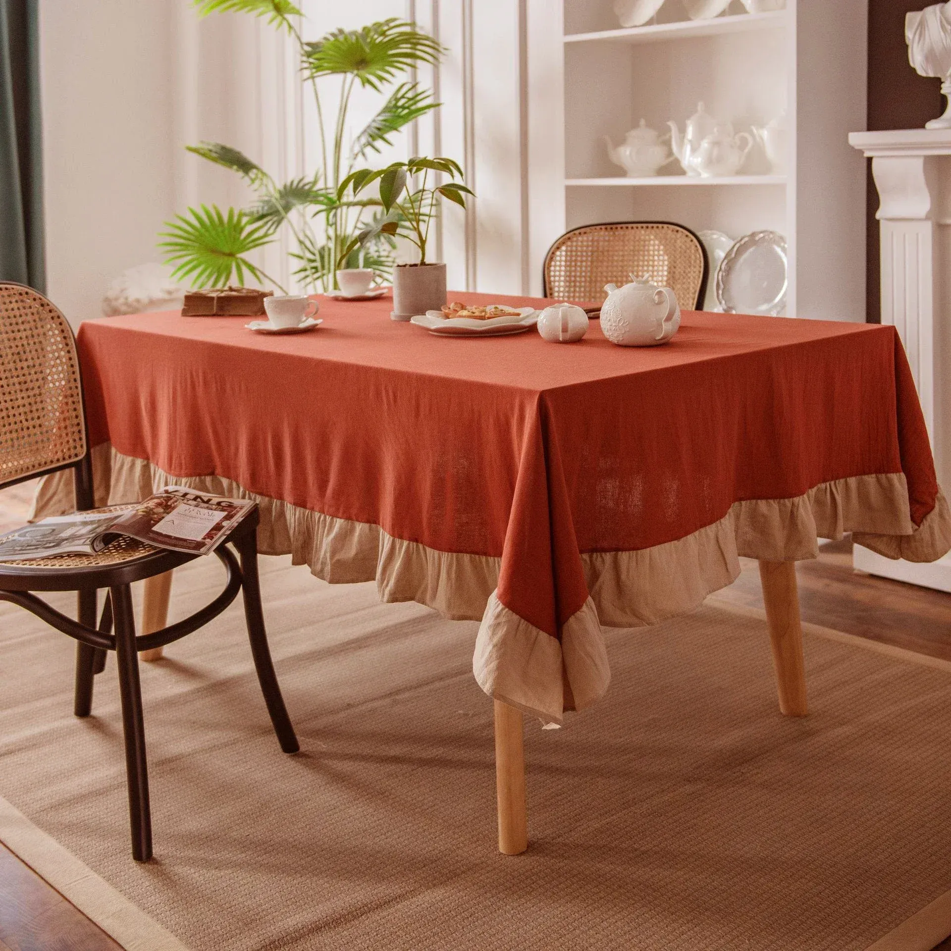 100% Cotton Flounce Stitching Tablecloth - Washable Luxury Table Cover for Weddings, Parties, Dining, Banquets - Easy Care Elegant Home Decor thumbnail 5
