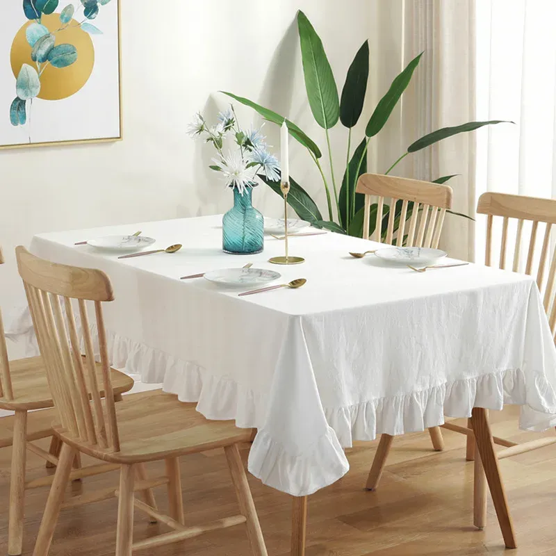 100% Cotton Flounce Stitching Tablecloth - Washable Luxury Table Cover for Weddings, Parties, Dining, Banquets - Easy Care Elegant Home Decor showcase 1