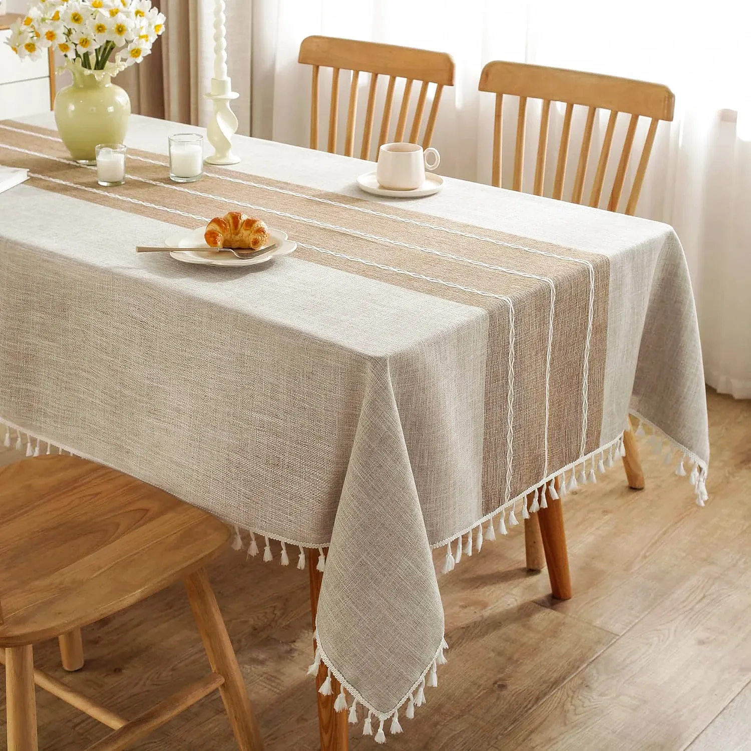 Battilo Linen Cotton Tablecloth - Round & Rectangular Dining Coffee Kitchen Table Cover with Elegant Tassels, Anti-Fading & Wrinkle-Resistant for Home Decor & Parties thumbnail 1