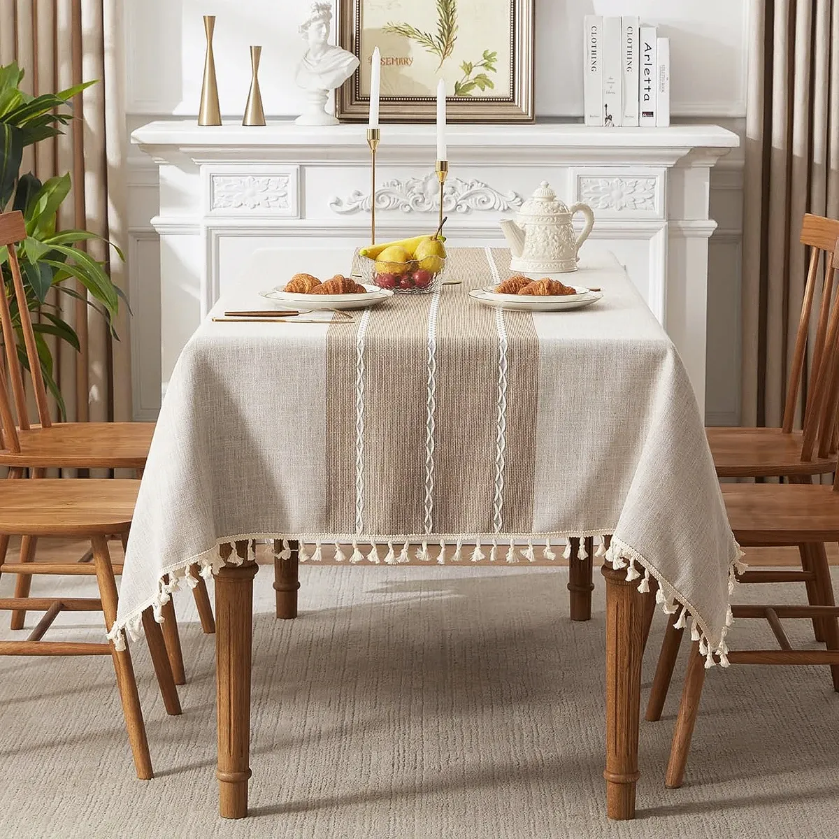 Battilo Linen Cotton Tablecloth - Round & Rectangular Dining Coffee Kitchen Table Cover with Elegant Tassels, Anti-Fading & Wrinkle-Resistant for Home Decor & Parties thumbnail 2