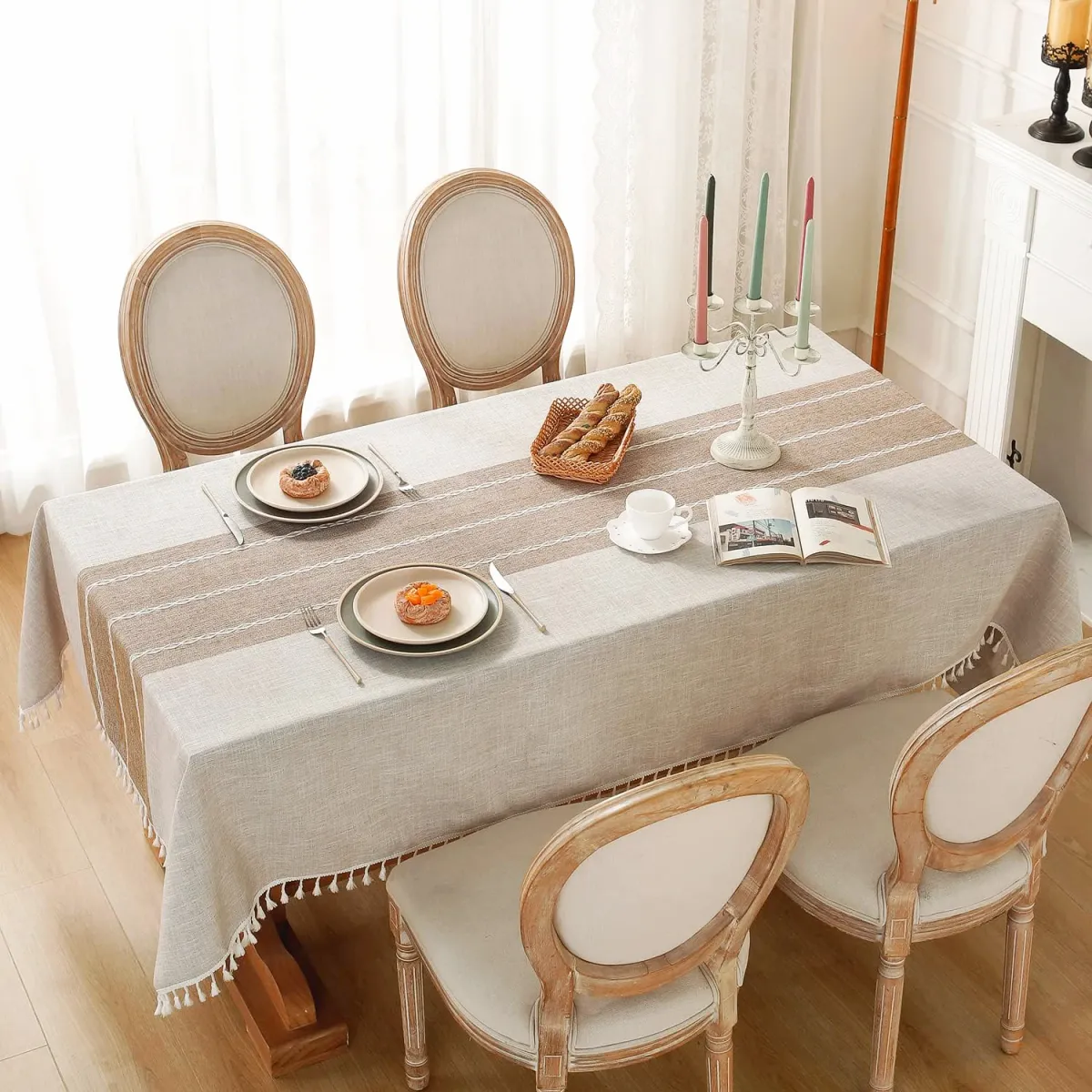 Battilo Linen Cotton Tablecloth - Round & Rectangular Dining Coffee Kitchen Table Cover with Elegant Tassels, Anti-Fading & Wrinkle-Resistant for Home Decor & Parties showcase 4