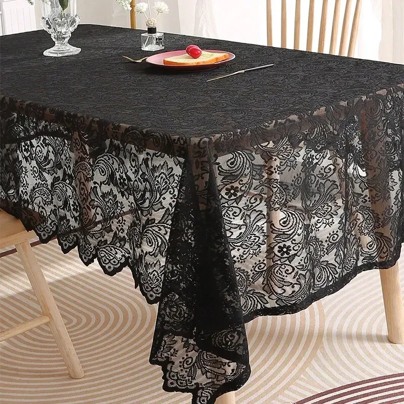 Elegant Black French Lace Tablecloth with Phoenix Tail Pattern - Luxurious Dining & Living Room Table Decoration for Special Occasions thumbnail 1