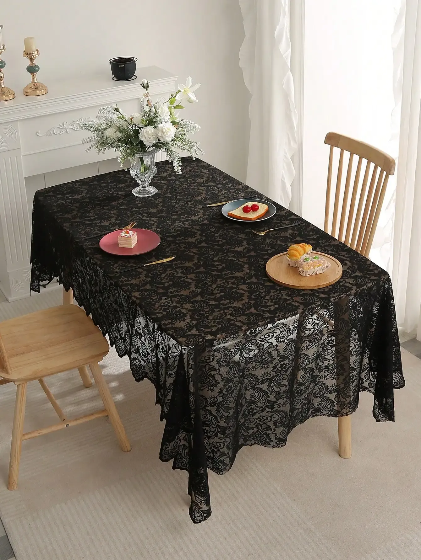Elegant Black French Lace Tablecloth with Phoenix Tail Pattern - Luxurious Dining & Living Room Table Decoration for Special Occasions thumbnail 3