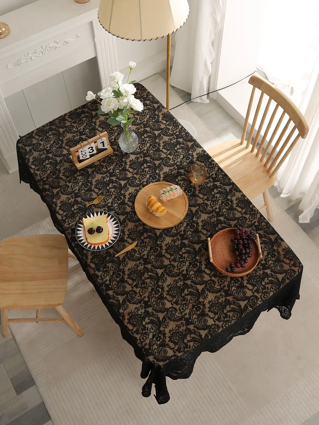 Elegant Black French Lace Tablecloth with Phoenix Tail Pattern - Luxurious Dining & Living Room Table Decoration for Special Occasions thumbnail 2