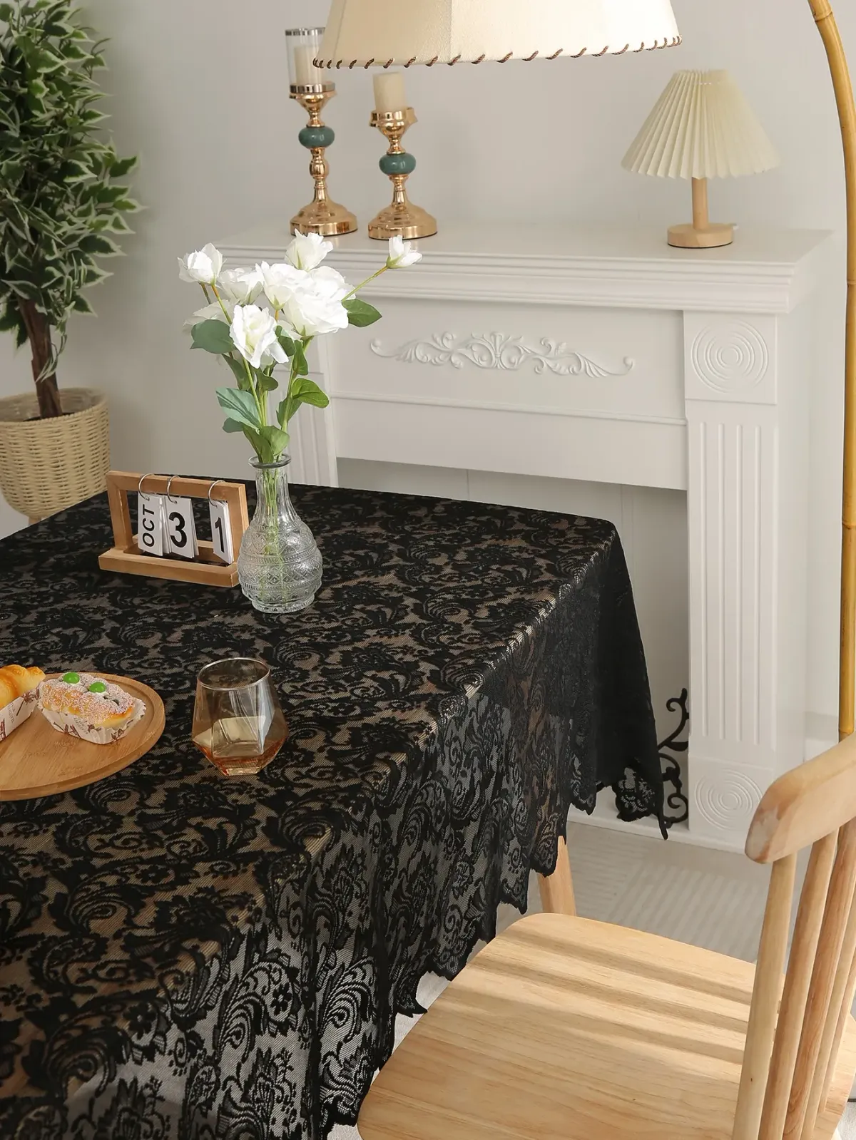 Elegant Black French Lace Tablecloth with Phoenix Tail Pattern - Luxurious Dining & Living Room Table Decoration for Special Occasions showcase 1
