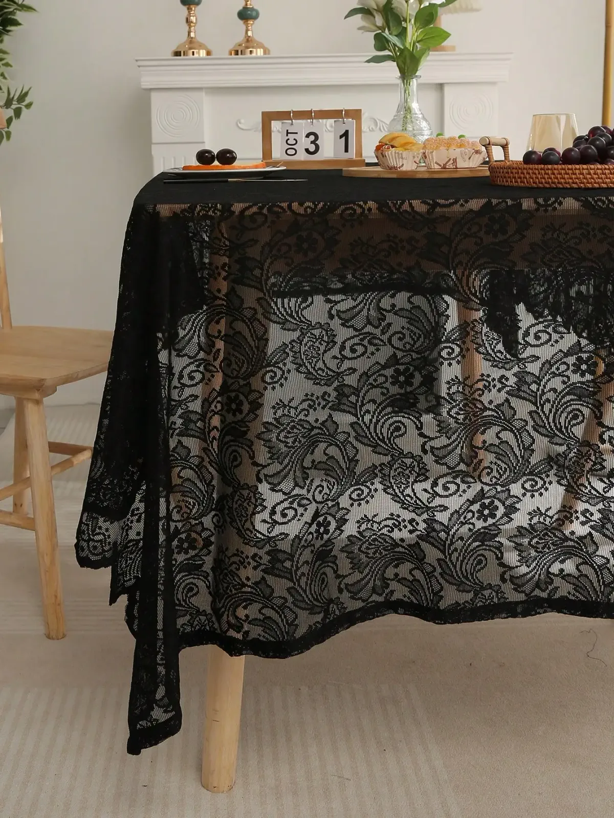 Elegant Black French Lace Tablecloth with Phoenix Tail Pattern - Luxurious Dining & Living Room Table Decoration for Special Occasions showcase 3