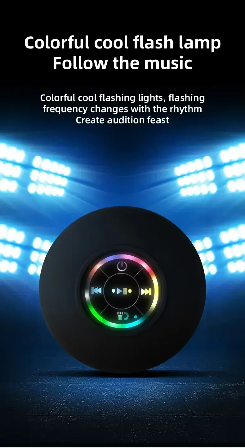 HOMEFISH Portable Waterproof Bluetooth Shower Speaker with RGB Light, Strong Suction Cup, 10M Wireless Connection for Bathroom, Kitchen, Party, Outdoor Use showcase 1