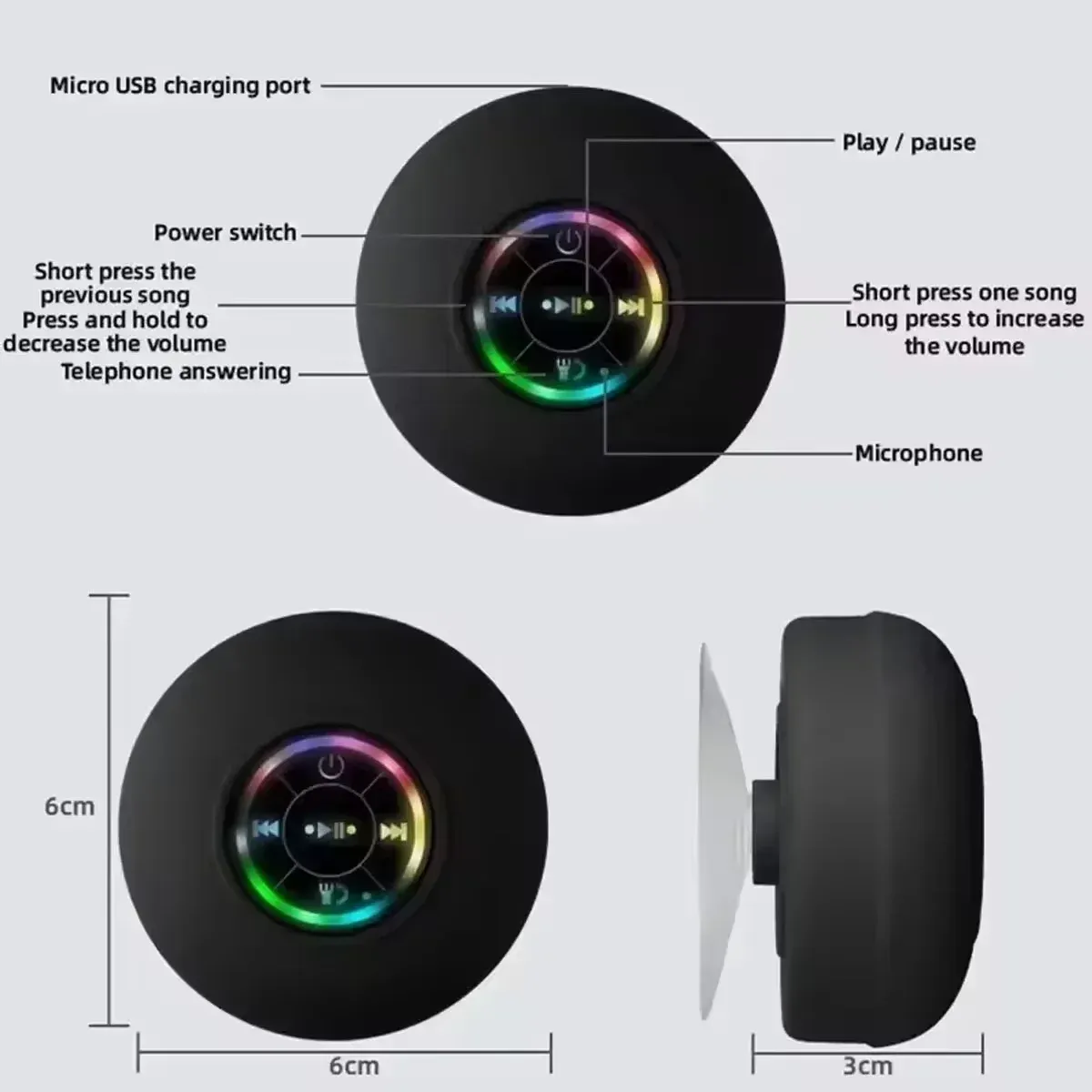 HOMEFISH Portable Waterproof Bluetooth Shower Speaker with RGB Light, Strong Suction Cup, 10M Wireless Connection for Bathroom, Kitchen, Party, Outdoor Use thumbnail 5