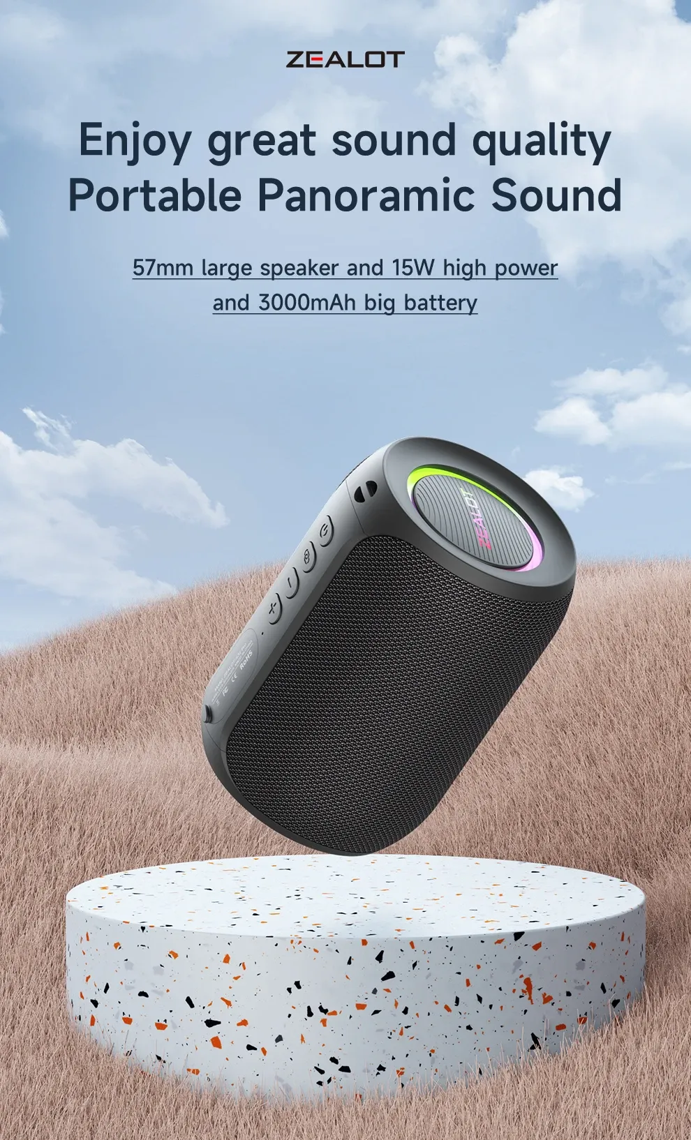 ZEALOT S32PRO Powerful Bluetooth Speaker, 15W Stereo Sound, Bass Subwoofer, Waterproof Outdoor Speaker with LED Light, 15-Hour Playtime, Bluetooth 5.2 showcase 2