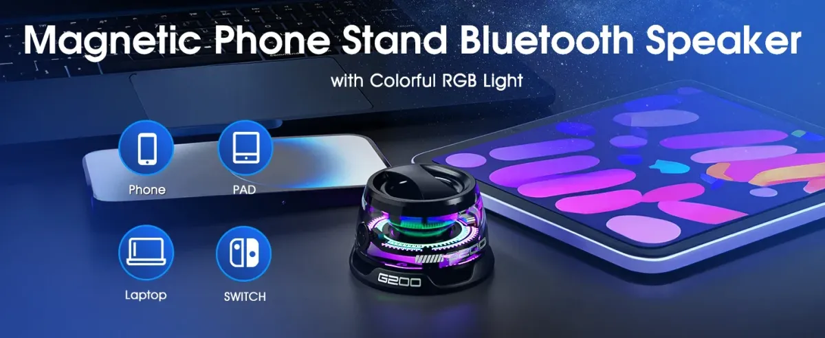 Portable Magnetic Bluetooth Speaker with RGB Light, Wireless Mini Stereo Sound, Phone Holder Stand for iOS & Android - Ideal for Travel, Outdoors, and Home showcase 1