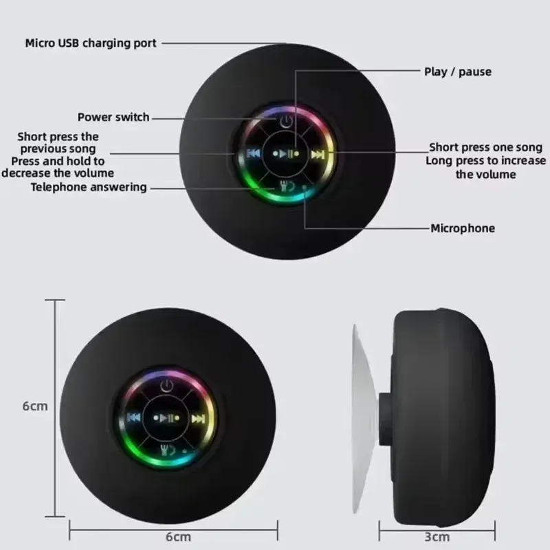 HOMEFISH Waterproof Mini Bluetooth Speaker with Suction Cup - Portable Wireless LED Outdoor Sports Stereo Sound, IPX4 Rated, 5.0 Bluetooth, 3W Output, Hands-Free Calling thumbnail 4