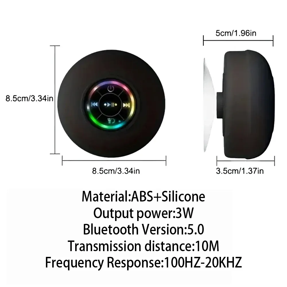 Portable Wireless Bluetooth Speaker with LED Light, IPX4 Waterproof Loudspeaker, Outdoor Bathroom Use, Large Suction Cup, Stereo Sound Box with Microphone for Hands-Free Calls thumbnail 6
