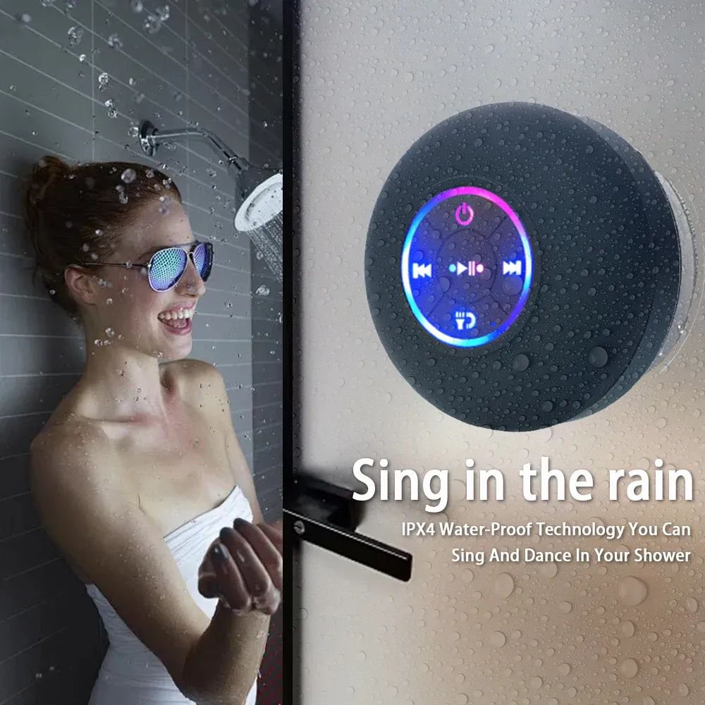 Portable Wireless Bluetooth Speaker with LED Light, IPX4 Waterproof Loudspeaker, Outdoor Bathroom Use, Large Suction Cup, Stereo Sound Box with Microphone for Hands-Free Calls showcase 1