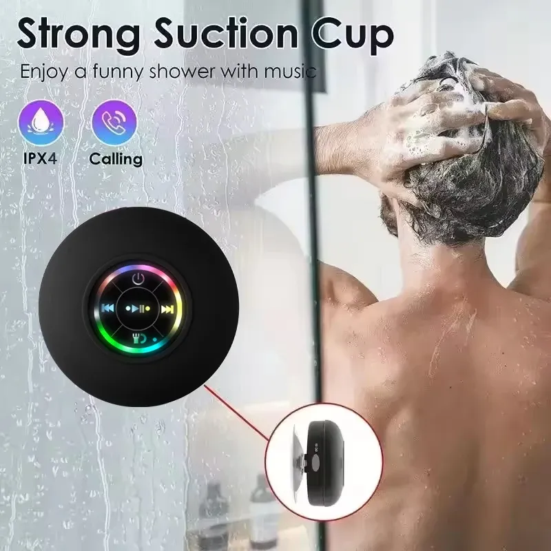 Portable Wireless Bluetooth Speaker with LED Light, IPX4 Waterproof Loudspeaker, Outdoor Bathroom Use, Large Suction Cup, Stereo Sound Box with Microphone for Hands-Free Calls thumbnail 2