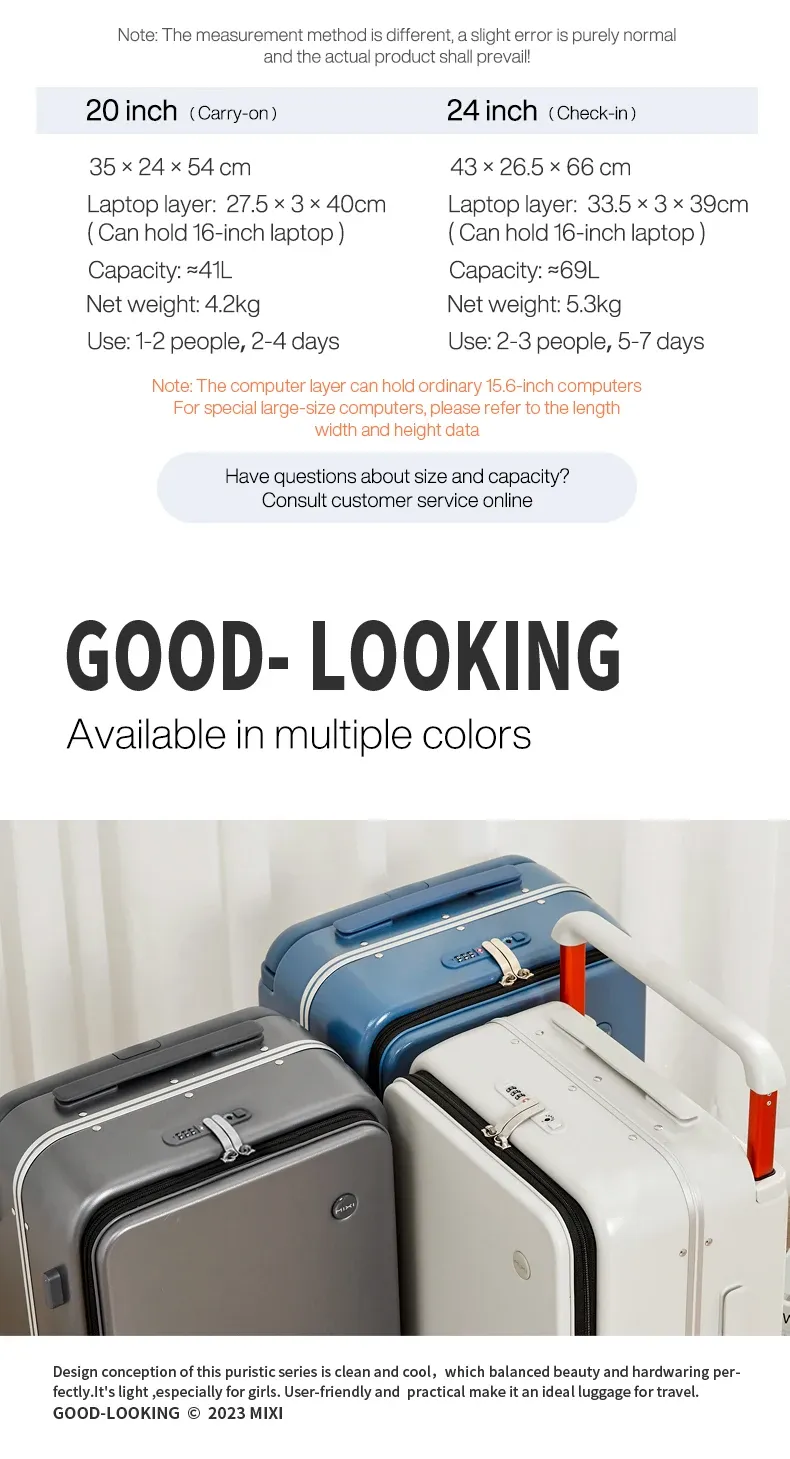 Mixi 20-Inch Carry-On Luggage Suitcase for Men & Women, Durable PC with Aluminum Frame, YKK Zipper, Silent Spinner Wheels, Wide Handle Trolley Case for Travel showcase 30