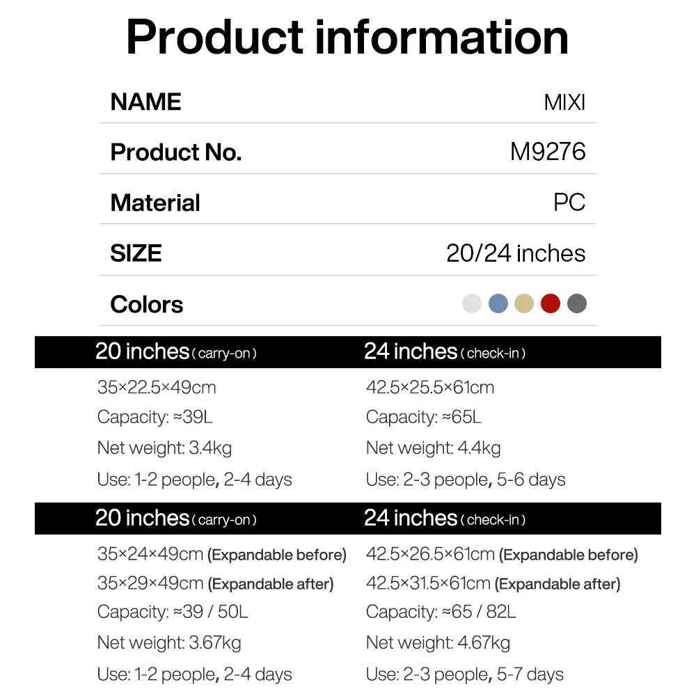 MIXI Expandable Carry-On Luggage: Lightweight 20/24 Inch PC Spinner Suitcase with TSA Lock, Wide Handle, and YKK Zipper for Travel thumbnail 6