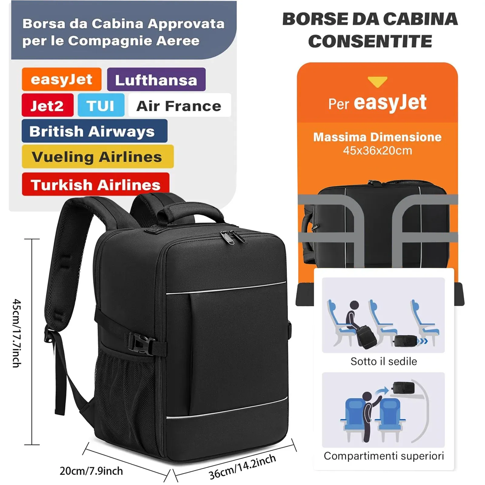 Unisex Carry-On Travel Backpack 40x20x25cm Ryanair Cabin Bag, 15.6-inch Laptop Compartment, Night Reflective Strip, Ideal for School & Travel thumbnail 3