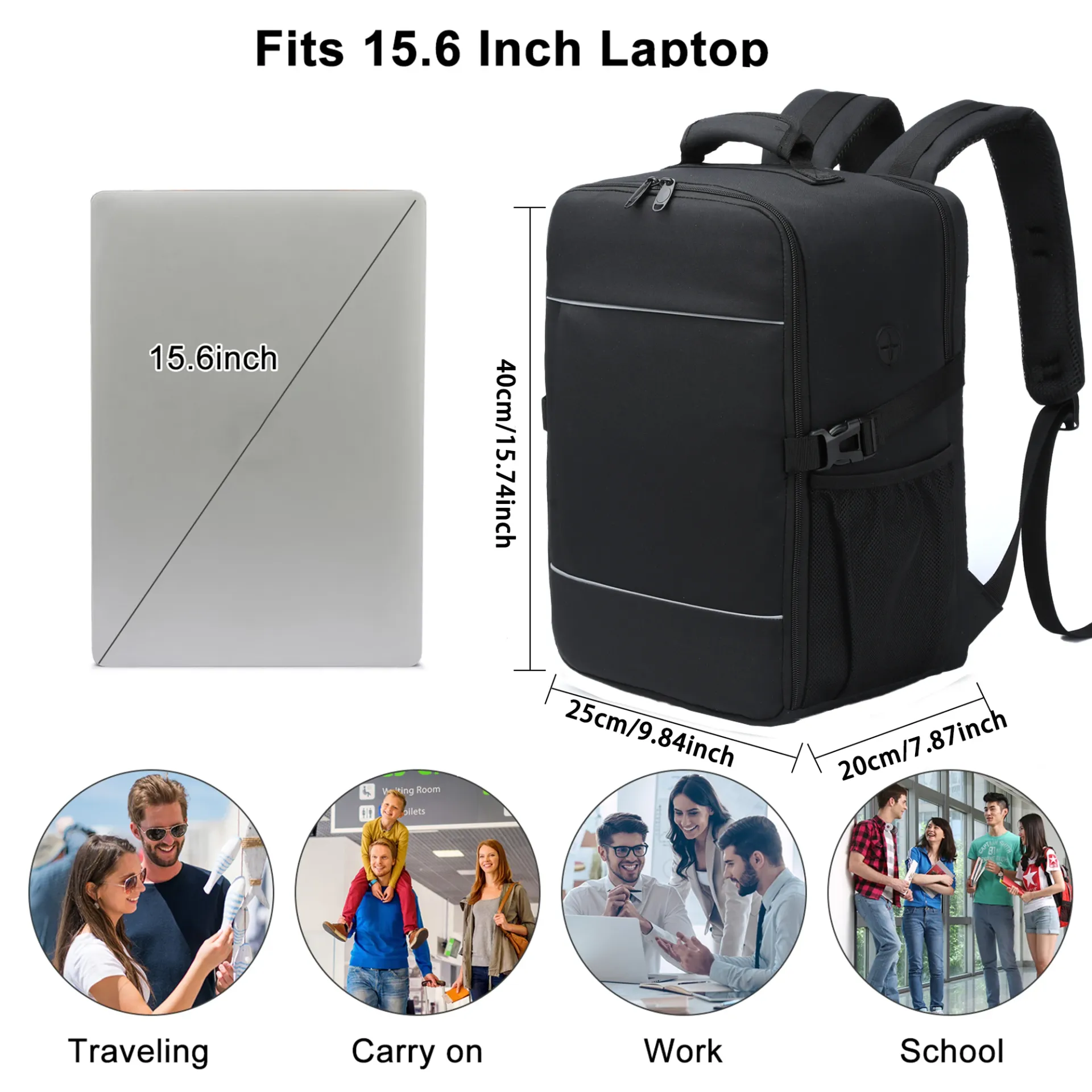 Unisex Carry-On Travel Backpack 40x20x25cm Ryanair Cabin Bag, 15.6-inch Laptop Compartment, Night Reflective Strip, Ideal for School & Travel thumbnail 2