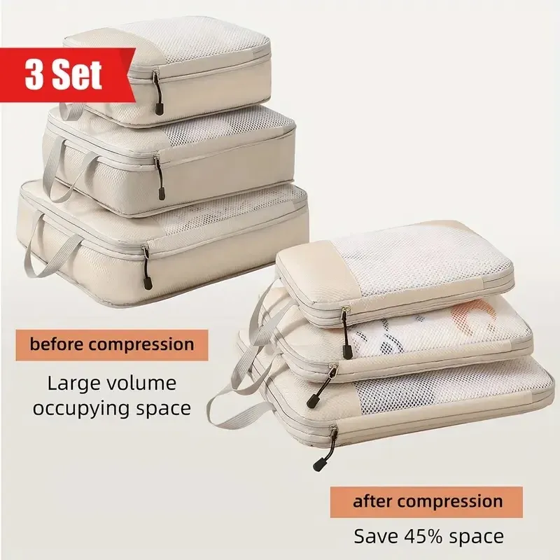 3-Piece Travel Compression Packing Cubes Set - Durable Oxford Canvas Luggage Organiser for Carry-On Suitcases, Space-Saving & Portable Travel Essentials thumbnail 1