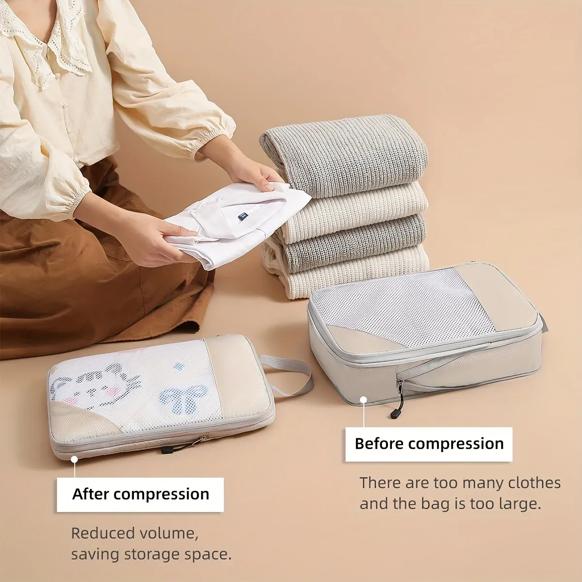 3-Piece Travel Compression Packing Cubes Set - Durable Oxford Canvas Luggage Organiser for Carry-On Suitcases, Space-Saving & Portable Travel Essentials thumbnail 2