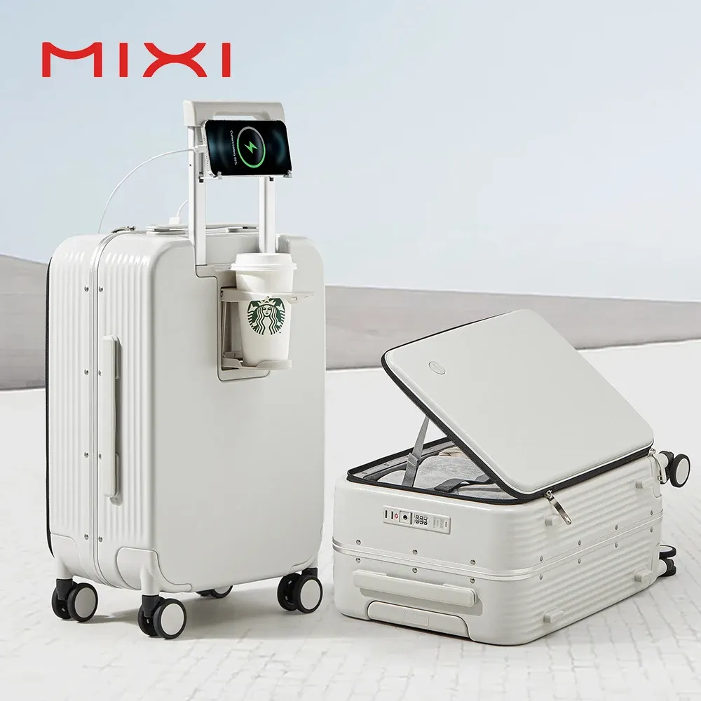 Mixi Aluminum Frame Carry-On Luggage with USB Port, Cup Holder, Phone Mount - 20" & 24" Rolling Suitcase for Travel